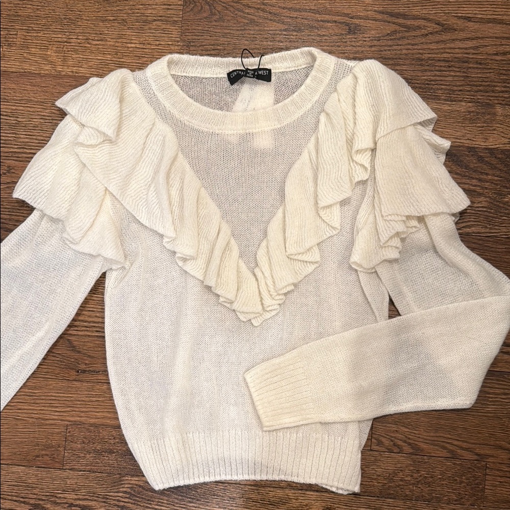 Central Park West White Ruffled Sweater